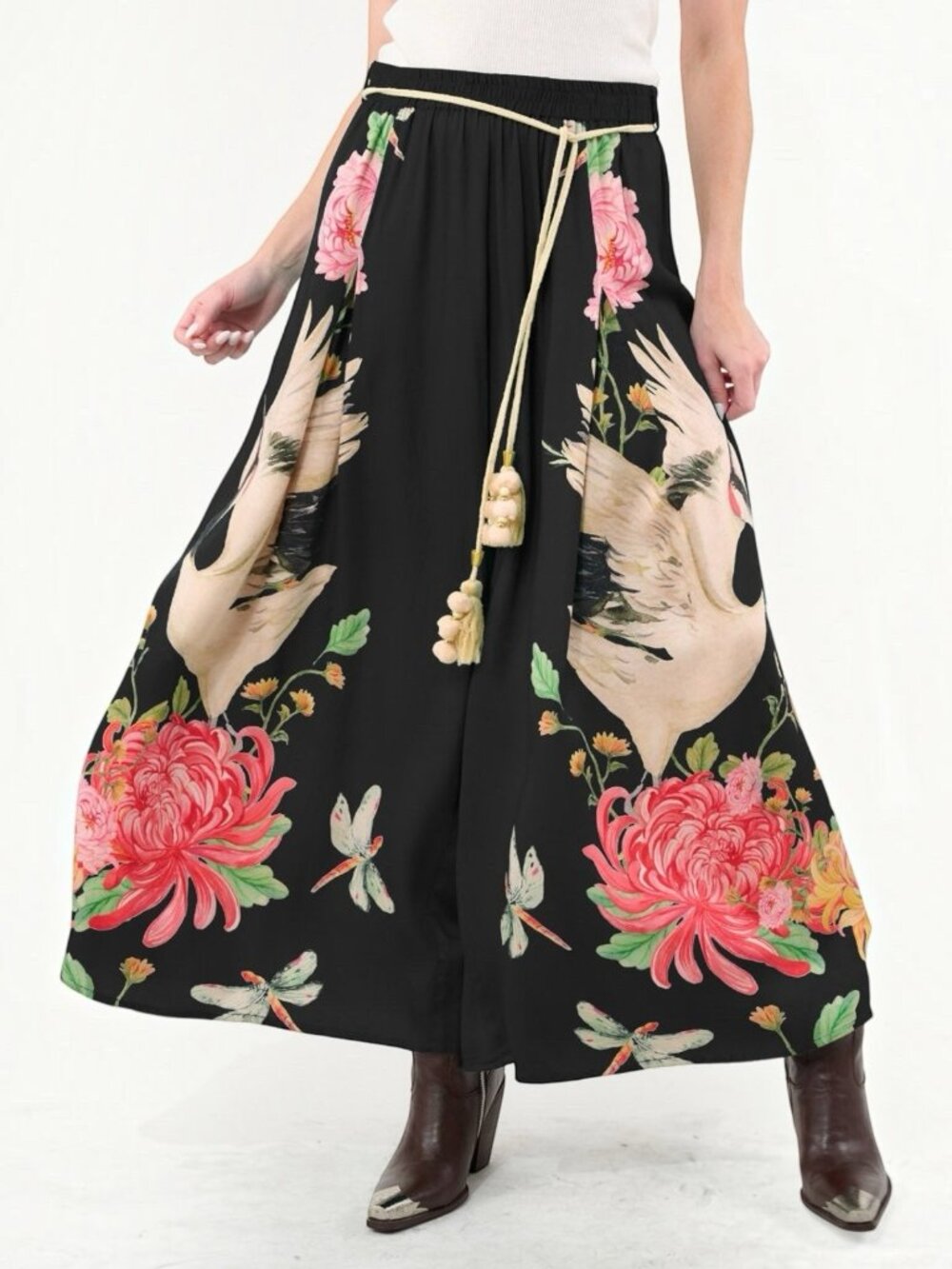Aratta The Legend Of The Crane Palazzo Pants Black Wide Leg Tassel Size S M L XL